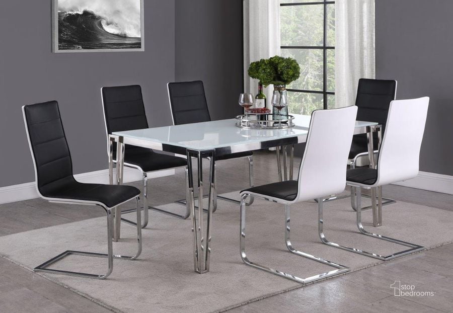 The appearance of Pauline White And Chrome Dining Room Set designed by Coaster in the modern / contemporary interior design. This chrome piece of furniture  was selected by 1StopBedrooms from Pauline Collection to add a touch of cosiness and style into your home. Sku: 193001B1;193001B2;193001B3;120948B1;120948B2. Table Base Style: Legs. Material: Steel. Product Type: Dining Room Set. Table Top Shape: Rectangular. Size: 37". Image1