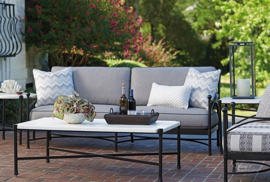 The appearance of Pavlova Lightly Textured Graphite Outdoor Rectangular Occasional Table Set designed by Tommy Bahama in the transitional interior design. This white and black piece of furniture  was selected by 1StopBedrooms from Pavlova Collection to add a touch of cosiness and style into your home. Sku: 01-3910-945;01-3910-953. Material: Aluminum. Product Type: Outdoor Conversation Set. Image1