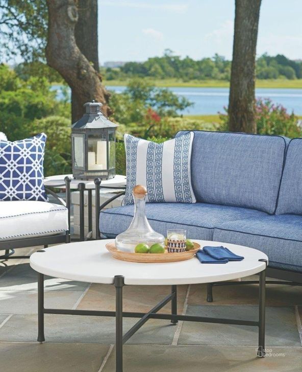 The appearance of Pavlova Lightly Textured Graphite Outdoor Round Occasional Table Set designed by Tommy Bahama in the transitional interior design. This white and black piece of furniture  was selected by 1StopBedrooms from Pavlova Collection to add a touch of cosiness and style into your home. Sku: 01-3910-943;01-3910-953. Material: Aluminum. Product Type: Outdoor Conversation Set. Image1