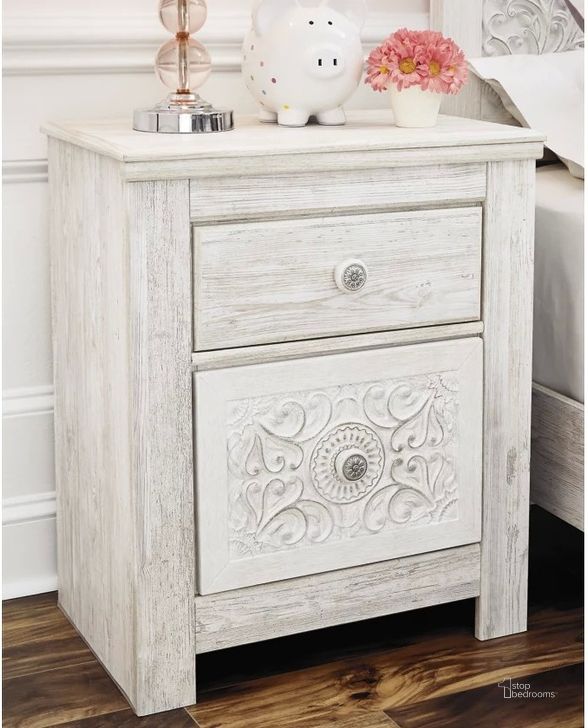 The appearance of Paxberry Whitewash Two Drawer Nightstand designed by Signature Design by Ashley in the country / farmhouse interior design. This white wash piece of furniture  was selected by 1StopBedrooms from Paxberry Collection to add a touch of cosiness and style into your home. Sku: B181-92. Material: Wood. Product Type: Nightstand. Image1