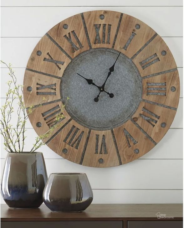 The appearance of Payson Antique Gray and Natural Wall Clock designed by Signature Design by Ashley in the transitional interior design. This antique gray/natural piece of furniture  was selected by 1StopBedrooms from Payson Collection to add a touch of cosiness and style into your home. Sku: A8010076. Material: Metal. Product Type: Wall Clock. Image1