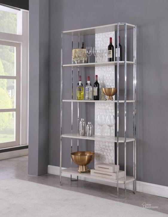 The appearance of Contemporary Gray Bookshelf W/Polished Steel Frame designed by Chintaly Imports in the modern / contemporary interior design. This gray piece of furniture  was selected by 1StopBedrooms from Kendall Collection to add a touch of cosiness and style into your home. Sku: KENDALL-BKS-S;KENDALL-BKS-F. Material: Steel. Product Type: Bookcase.