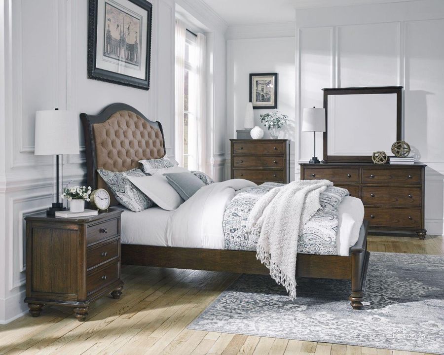 The appearance of Pearson Aged Oak Upholstered Panel Bedroom Set designed by Progressive Furniture in the traditional interior design. This brown piece of furniture  was selected by 1StopBedrooms from Pearson Collection to add a touch of cosiness and style into your home. Sku: B122-34;B122-35;B122-78;B122-43. Bed Type: Sleigh Bed. Product Type: Sleigh Bed. Bed Size: Queen. Material: Rubberwood. Image1