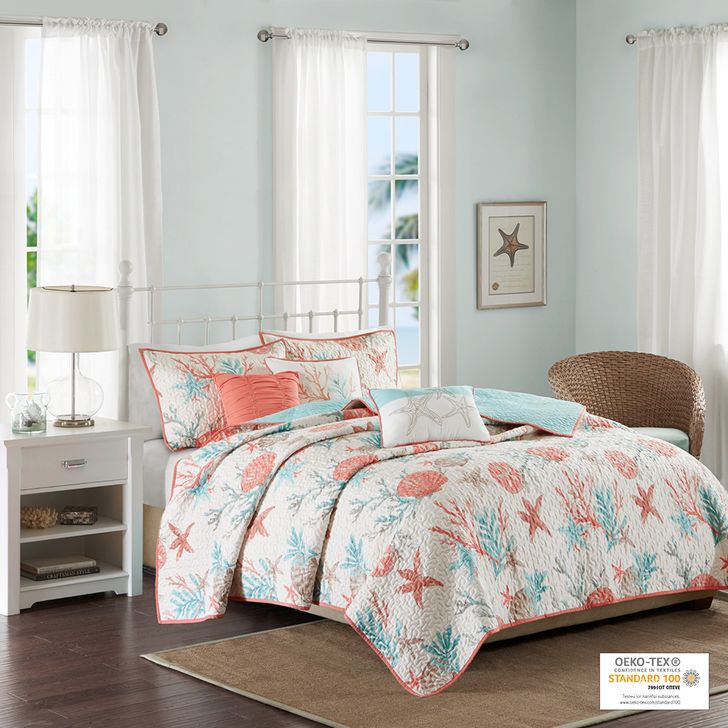 The appearance of Pebble Cotton Sateen Printed 6Pcs King Coverlet Set In Coral designed by Olliix in the coastal interior design. This coral piece of furniture  was selected by 1StopBedrooms from Pebble Beach Collection to add a touch of cosiness and style into your home. Sku: MP13-2710. Material: Polyester. Bed Size: King. Product Type: Coverlet Set. Image1