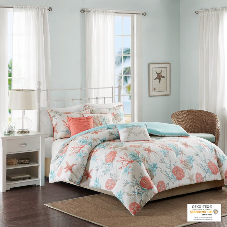 The appearance of Pebble Cotton Sateen Printed 6Pcs Queen Duvet Set In Coral designed by Olliix in the coastal interior design. This coral piece of furniture  was selected by 1StopBedrooms from Pebble Beach Collection to add a touch of cosiness and style into your home. Sku: MP12-2707. Material: Polyester. Bed Size: Queen. Product Type: Duvet Set. Image1