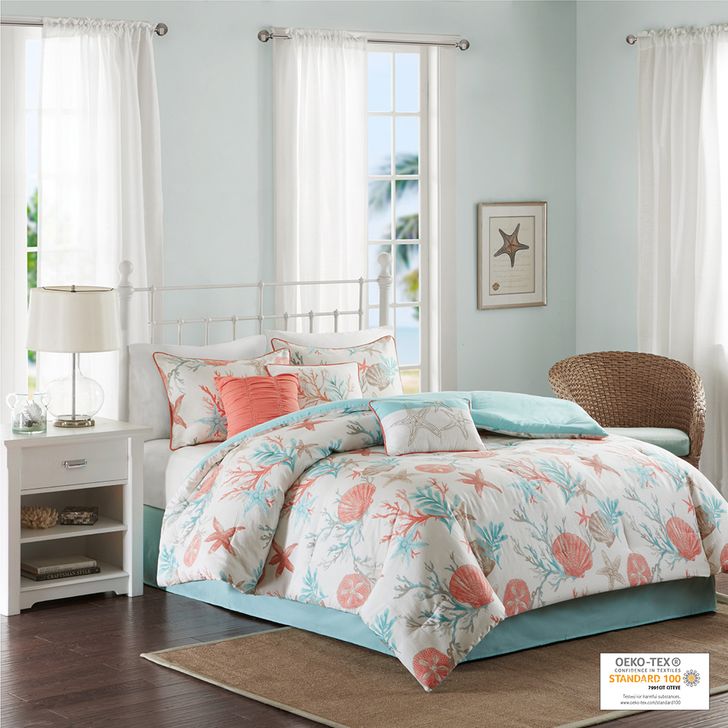 The appearance of Pebble Cotton Sateen Printed 7Pcs King Comforter Set In Coral designed by Olliix in the coastal interior design. This coral piece of furniture  was selected by 1StopBedrooms from Pebble Beach Collection to add a touch of cosiness and style into your home. Sku: MP10-2705. Material: Polyester. Bed Size: King. Product Type: Comforter Set. Image1