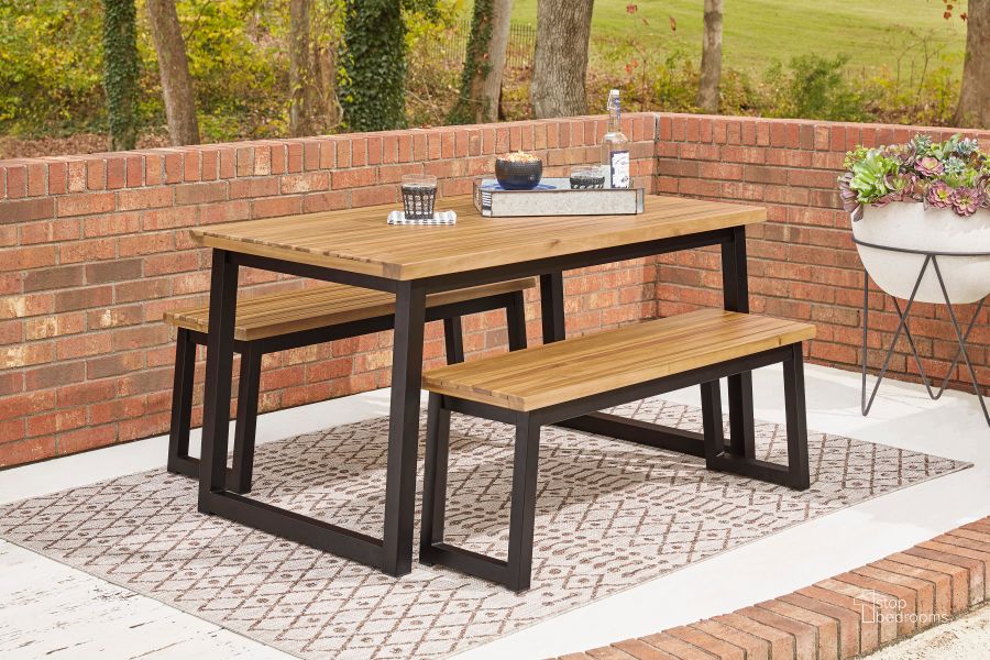 The appearance of Pelargonium Brown/Black Outdoor Dining Set Outdoor Dining Furniture 0qd24373553 designed by Isaac Tahari in the transitional interior design. This brown/black piece of furniture  was selected by 1StopBedrooms from Pelargonium Collection to add a touch of cosiness and style into your home. Sku: P220-115. Table Base Style: Double Pedestal. Table Top Shape: Rectangular. Product Type: Outdoor Dining Set. Image1
