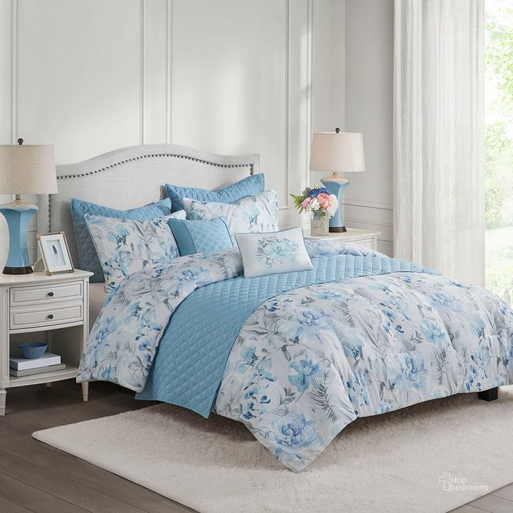 The appearance of Pema Polyester Printed 8Pcs Comforter And King Coverlet Set In Blue designed by Olliix in the transitional interior design. This blue piece of furniture  was selected by 1StopBedrooms from Pema Collection to add a touch of cosiness and style into your home. Sku: MP10-7677. Material: Microfiber. Bed Size: King. Product Type: Coverlet Set. Image1