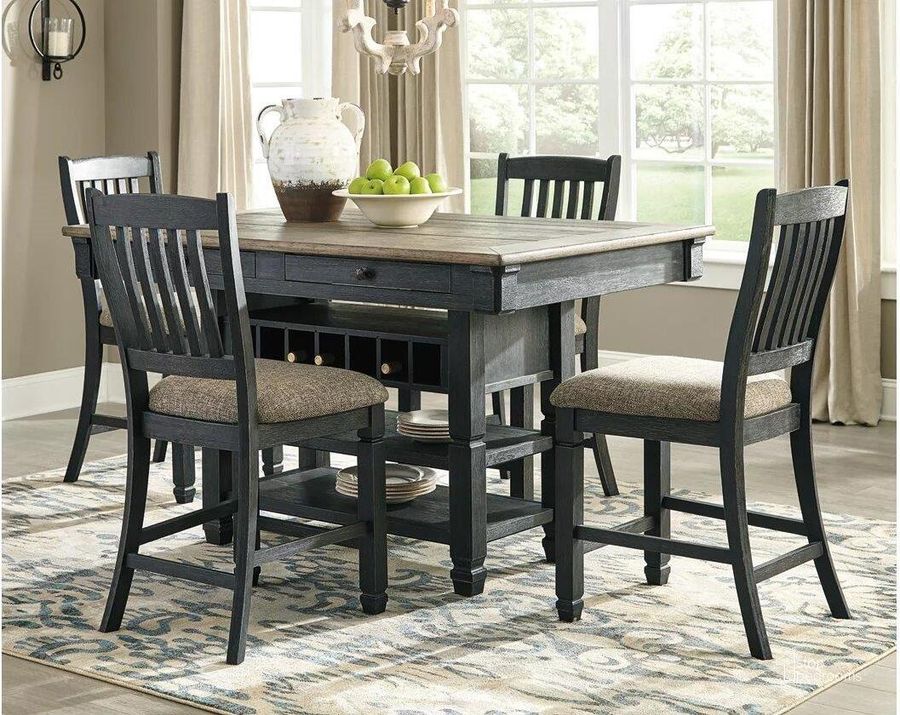 The appearance of Pendene Black Dining Room Set 0qd2310126 designed by Isaac Tahari in the transitional interior design. This black and gray piece of furniture  was selected by 1StopBedrooms from Pendene Collection to add a touch of cosiness and style into your home. Sku: D736-124;D736-32. Material: Wood. Product Type: Dining Room Set. Table Top Shape: Rectangular. Size: 40". Image1