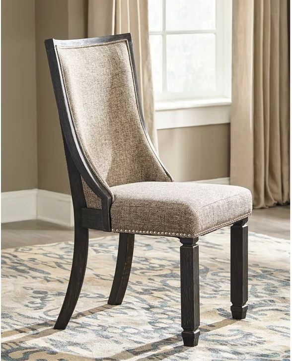 The appearance of Pendene Black/Grayish Brown Dining Chair Set of 2 designed by Isaac Tahari in the transitional interior design. This black/grayish brown piece of furniture  was selected by 1StopBedrooms from Pendene Collection to add a touch of cosiness and style into your home. Sku: D736-02. Material: Fabric. Product Type: Dining Chair. Image1