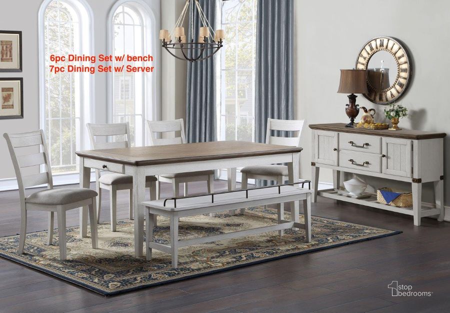 The appearance of Pendleton Two Tone Ivory And Honey Oak Dining Room Set designed by Steve Silver in the transitional interior design. This white and brown piece of furniture  was selected by 1StopBedrooms from Pendleton Collection to add a touch of cosiness and style into your home. Sku: TN500T;TN500S. Table Base Style: Legs. Product Type: Dining Room Set. Material: MDF. Table Top Shape: Rectangular. Image1
