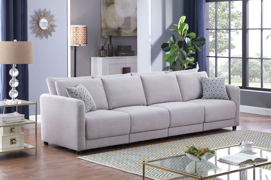 The appearance of Penelope Light Gray Linen Fabric 4-Seater Sofa With Pillows designed by Lilola Home in the modern / contemporary interior design. This light gray piece of furniture  was selected by 1StopBedrooms from Penelope Collection to add a touch of cosiness and style into your home. Sku: 89126-7. Material: Fabric. Product Type: Sofa. Image1