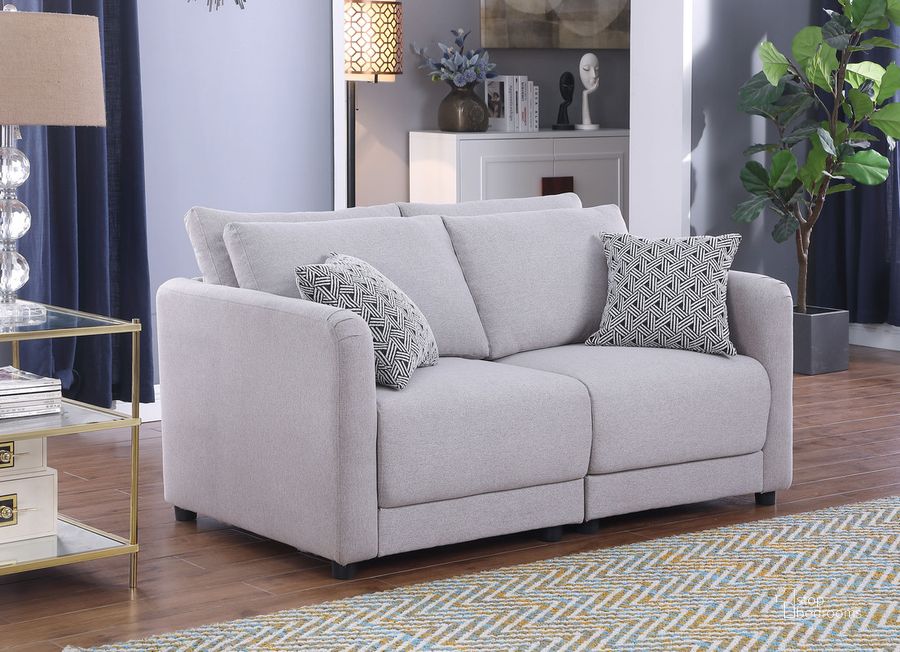 The appearance of Penelope Light Gray Linen Fabric Loveseat With Pillows designed by Lilola Home in the modern / contemporary interior design. This light gray piece of furniture  was selected by 1StopBedrooms from Penelope Collection to add a touch of cosiness and style into your home. Sku: 89126-9. Material: Fabric. Product Type: Loveseat. Image1