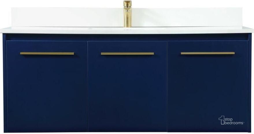The appearance of Penn 48 Inch Single Bathroom Vanity In Blue With Backsplash designed by Elegant Lighting in the transitional interior design. This blue piece of furniture  was selected by 1StopBedrooms from Penn Collection to add a touch of cosiness and style into your home. Sku: VF44548MBL-BS. Material: MDF. Product Type: Bathroom Vanity. Image1