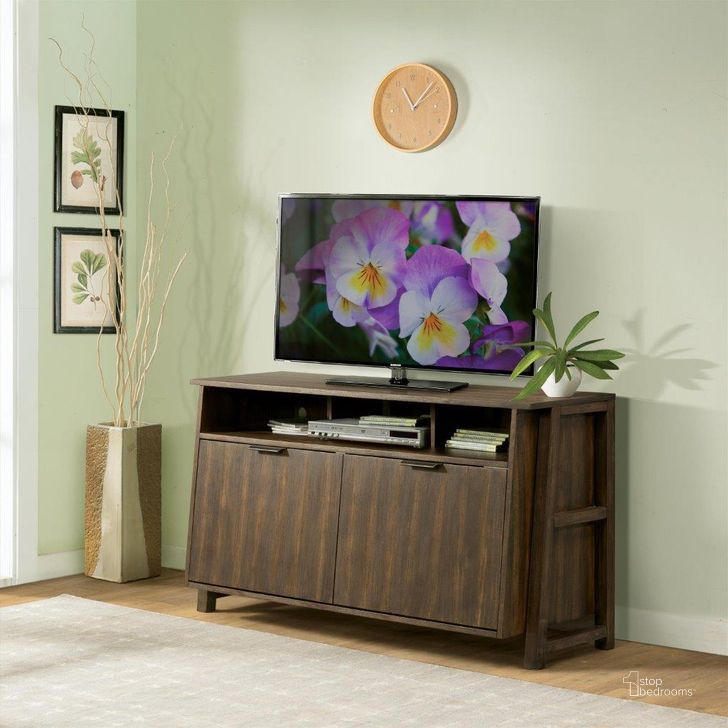 The appearance of Perspectives Brushed Acacia Entertainment Console designed by Riverside Furniture in the transitional interior design. This wood piece of furniture  was selected by 1StopBedrooms from Perspectives Collection to add a touch of cosiness and style into your home. Sku: 28037. Product Type: Entertainment Console. Image1