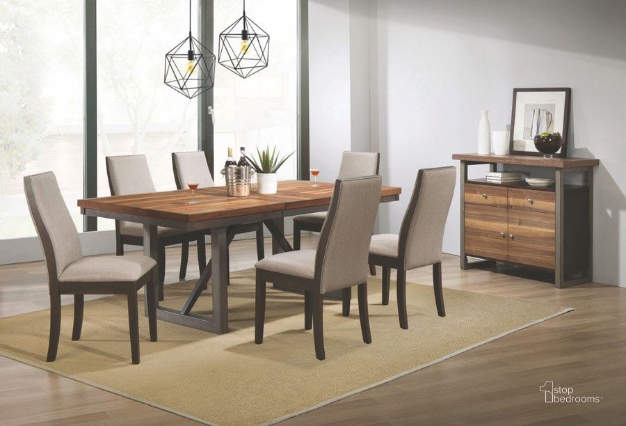 The appearance of Petesford Brown Dining Room Set 0qd24416734 designed by Boho House in the transitional interior design. This brown piece of furniture  was selected by 1StopBedrooms from Petesford Collection to add a touch of cosiness and style into your home. Sku: 106581B1;106581B2;106583. Table Base Style: Trestle. Material: Wood. Product Type: Dining Room Set. Table Top Shape: Rectangular. Size: 40". Image1
