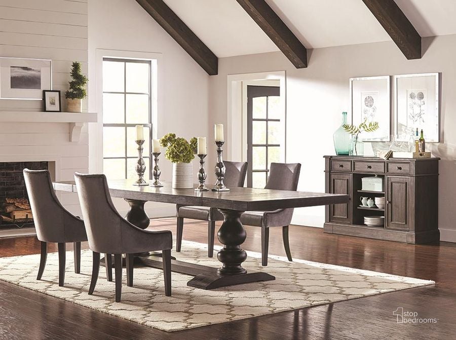 The appearance of Phelps Antique Noir Extendable Dining Room Set designed by Coaster in the modern / contemporary interior design. This gray piece of furniture  was selected by 1StopBedrooms from Phelps Collection to add a touch of cosiness and style into your home. Sku: 121231B1;121231B2;121714. Table Base Style: Double Pedestal. Material: Wood. Product Type: Dining Room Set. Table Top Shape: Rectangular. Image1