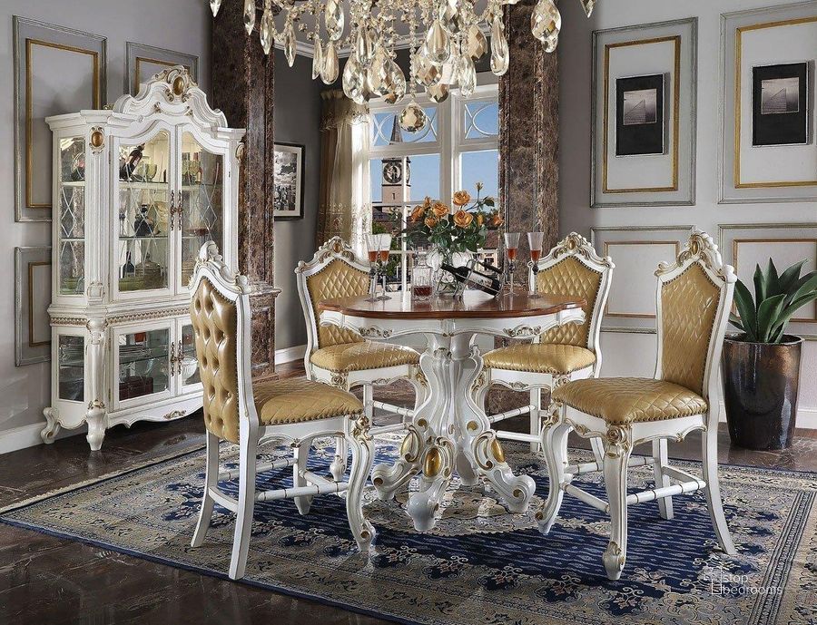 The appearance of Picardy Counter Height Dining Room Set (Antique Pearl) designed by ACME in the transitional interior design. This antique pearl piece of furniture  was selected by 1StopBedrooms from Picardy Collection to add a touch of cosiness and style into your home. Sku: 78210T;78211ST;78212. Table Top Shape: Round. Material: Wood. Product Type: Dining Room Set. Image1