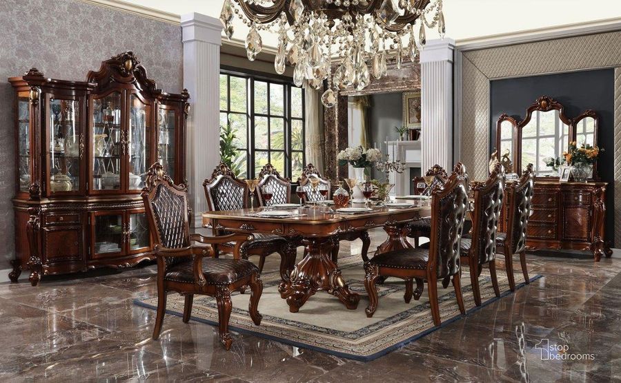 The appearance of Picardy Rectangular Dining Room Set (Honey Oak) designed by ACME in the transitional interior design. This honey oak piece of furniture  was selected by 1StopBedrooms from Picardy Collection to add a touch of cosiness and style into your home. Sku: 68220T;68221ST;68221BASE;68222. Table Base Style: Double Pedestal. Material: Wood. Product Type: Dining Room Set. Table Top Shape: Rectangular. Image1