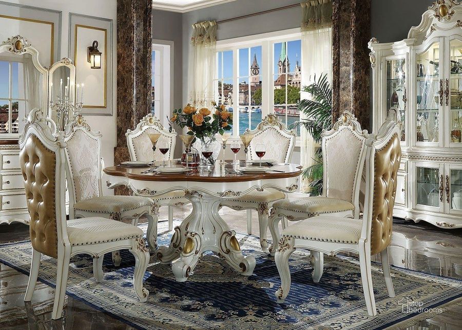 The appearance of Picardy Round Dining Room Set designed by ACME in the transitional interior design. This two-tone color piece of furniture  was selected by 1StopBedrooms from Picardy Collection to add a touch of cosiness and style into your home. Sku: 63470T;63471ST;63462. Material: Wood. Product Type: Dining Room Set. Image1
