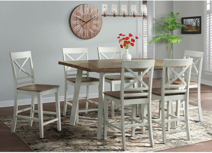 The appearance of Picket House Furnishings Bedford 7Pc Counter Height Dining Set-Table and Six Chairs designed by Picket House in the traditional interior design. This brown and cream piece of furniture  was selected by 1StopBedrooms from Bedford Collection to add a touch of cosiness and style into your home. Sku: DEP4007CS. Product Type: Dining Room Set. Material: Rubberwood. Image1