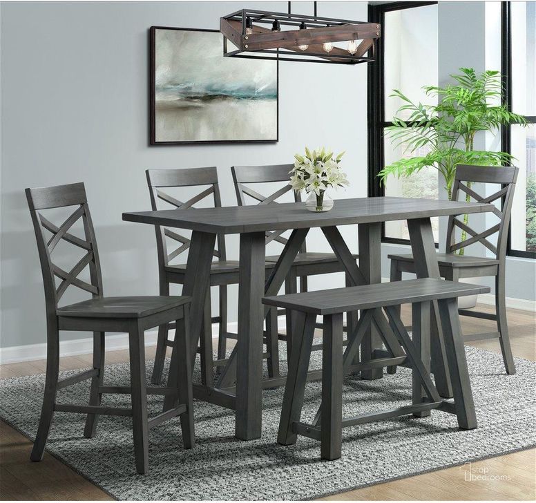 The appearance of Picket House Furnishings Regan 6Pc Counter Height Dining Set In Gray-Table 4 Side Chairs and Bench designed by Picket House in the rustic / southwestern interior design. This grey piece of furniture  was selected by 1StopBedrooms from Regan Collection to add a touch of cosiness and style into your home. Sku: DRN3006CS. Material: Wood. Product Type: Dining Room Set. Image1