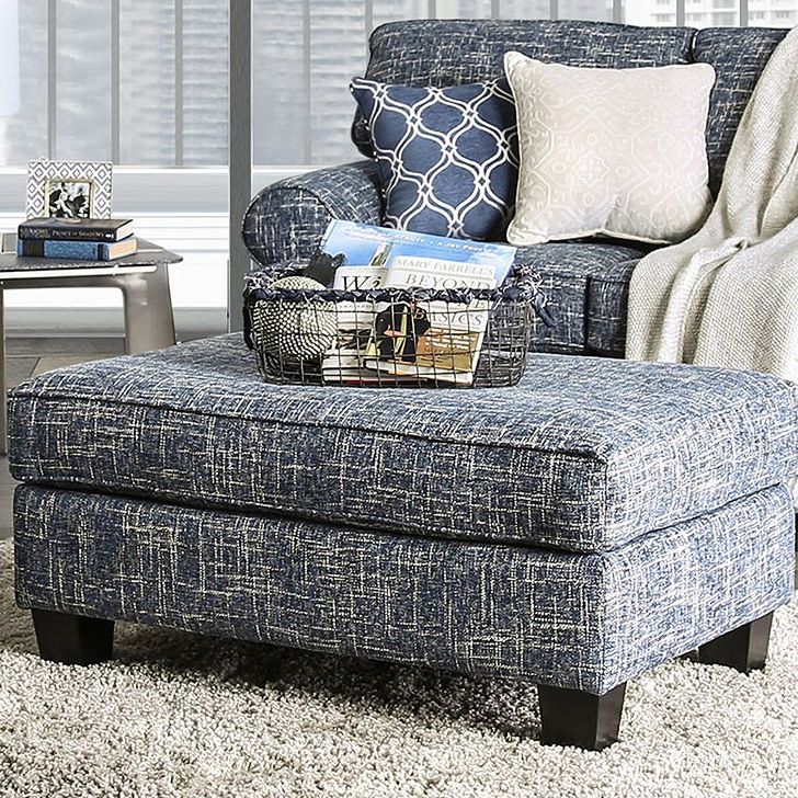 The appearance of Pierpont Blue Ottoman designed by Furniture of America in the transitional interior design. This gray piece of furniture  was selected by 1StopBedrooms from Pierpont Collection to add a touch of cosiness and style into your home. Sku: SM8010-OT. Material: Wood. Product Type: Ottoman. Image1