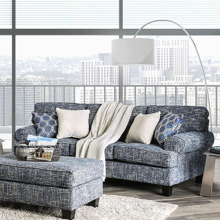 The appearance of Pierpont Sofa In Blue designed by Furniture of America in the transitional interior design. This blue piece of furniture  was selected by 1StopBedrooms from Pierpont Collection to add a touch of cosiness and style into your home. Sku: SM8010-SF. Material: Wood. Product Type: Sofa. Image1