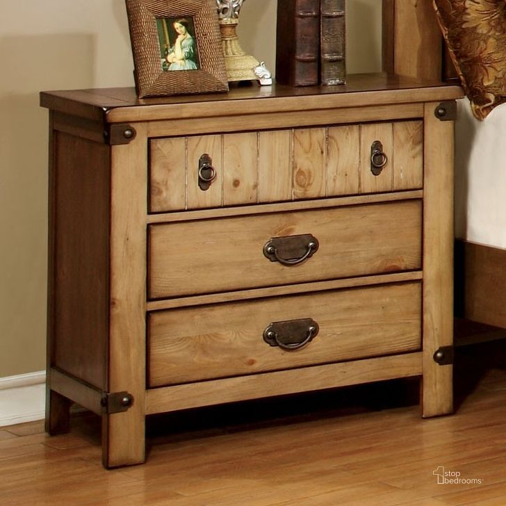 The appearance of Pioneer Burnished Pine Nightstand designed by Furniture of America in the country / farmhouse interior design. This brown piece of furniture  was selected by 1StopBedrooms from Pioneer Collection to add a touch of cosiness and style into your home. Sku: CM7449N. Material: Wood. Product Type: Nightstand. Image1