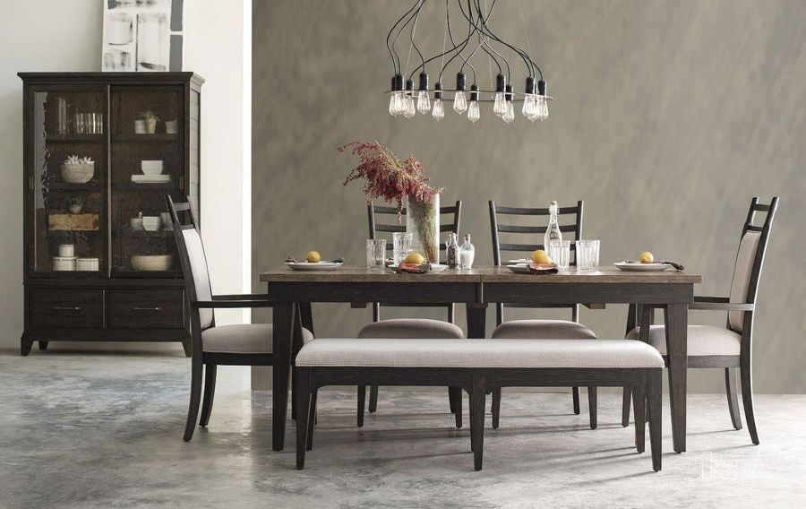 The appearance of Plank Road Rankin Dining Room Set With Bench (Charcoal) designed by Kincaid in the transitional interior design. This charcoal piece of furniture  was selected by 1StopBedrooms from Plank Road Collection to add a touch of cosiness and style into your home. Sku: 706-744C;706-636C. Table Base Style: Legs. Material: Wood. Product Type: Dining Room Set. Table Top Shape: Rectangular. Image1