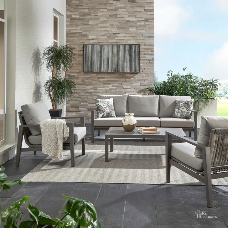 The appearance of Plantation Key 4 Piece Outdoor Seating Set In Granite designed by Liberty in the transitional interior design. This granite piece of furniture  was selected by 1StopBedrooms from Plantation Key Collection to add a touch of cosiness and style into your home. Sku: 3001-OAC50-GT;3001-OAC50-GT;3001-OCT1010-GT;3001-OSF300-GT. Material: Aluminum. Product Type: Outdoor Set. Image1
