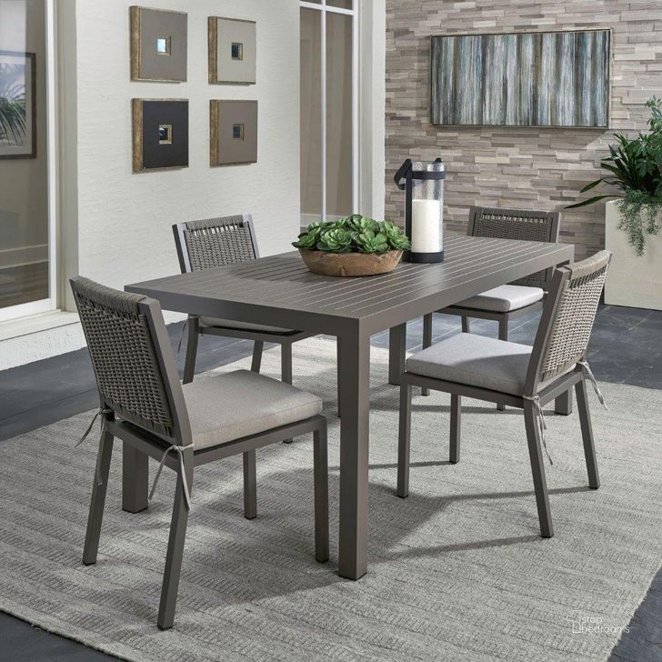 The appearance of Plantation Key Granite Outdoor Dining Set designed by Liberty in the transitional interior design. This granite piece of furniture  was selected by 1StopBedrooms from Plantation Key Collection to add a touch of cosiness and style into your home. Sku: 3001-ODT3671-GT;3001-OSC9101-GT. Material: Aluminum. Table Top Shape: Rectangular. Product Type: Outdoor Dining Set. Image1