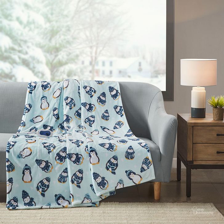 The appearance of Plush Polyester Printed Microlight Oversized Heated Throw In Aqua Penguins designed by Olliix in the transitional interior design. This aqua penguins piece of furniture  was selected by 1StopBedrooms from Oversized Plush Collection to add a touch of cosiness and style into your home. Sku: BR54-1157. Material: Polyester. Product Type: Throw. Image1