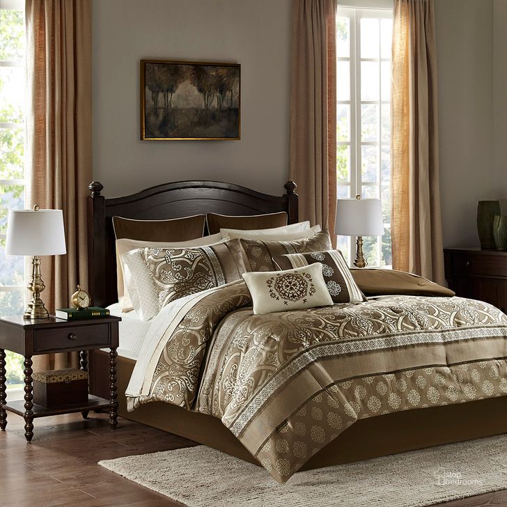 The appearance of Polyester 16Pcs Jacquard Queen Comforter Set In Brown designed by Olliix in the traditional interior design. This brown piece of furniture  was selected by 1StopBedrooms from Zara Collection to add a touch of cosiness and style into your home. Sku: MPE10-795. Material: Polyester. Bed Size: Queen. Product Type: Comforter Set. Image1