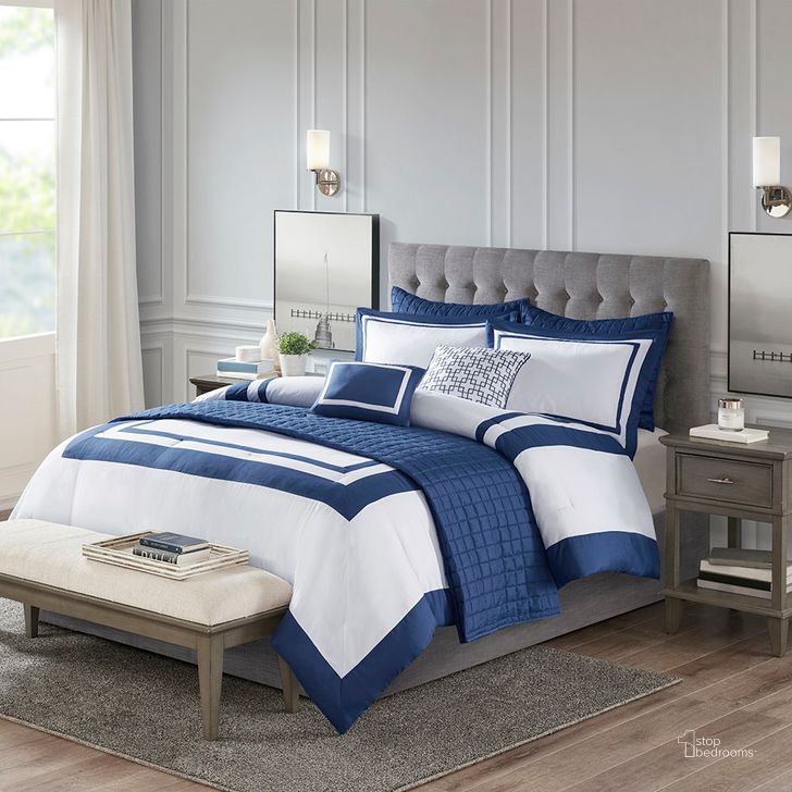 The appearance of Polyester 85Gsm Microfiber 8Pcs Queen Comforter Set In Navy designed by Olliix in the transitional interior design. This navy piece of furniture  was selected by 1StopBedrooms from Heritage Collection to add a touch of cosiness and style into your home. Sku: MP10-6138. Material: Microfiber. Bed Size: Queen. Product Type: Comforter Set. Image1