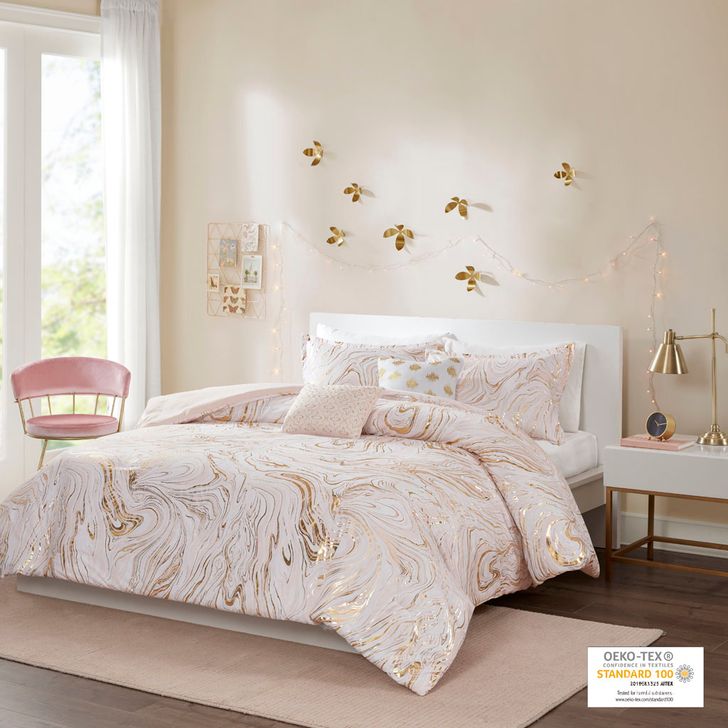 The appearance of Polyester Brushed 5 Pcs King Comforter Set In Blush/Gold designed by Olliix in the modern / contemporary interior design. This blush/gold piece of furniture  was selected by 1StopBedrooms from Rebecca Collection to add a touch of cosiness and style into your home. Sku: ID10-1964. Material: Polyester. Bed Size: King. Product Type: Comforter Set. Image1