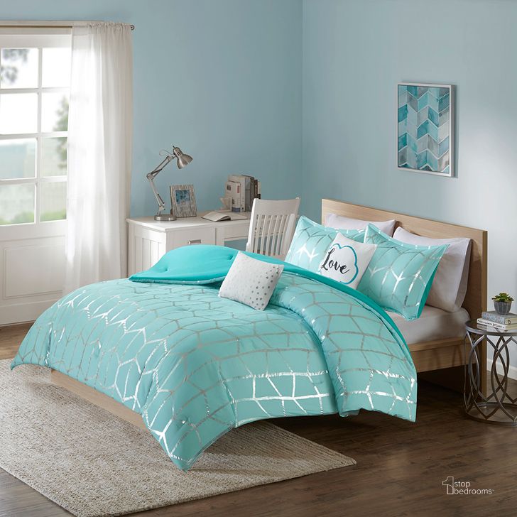 The appearance of Polyester Brushed Microfiber Printed 5Pcs Queen Comforter Set In Aqua/Silver designed by Olliix in the modern / contemporary interior design. This aqua/silver piece of furniture  was selected by 1StopBedrooms from Raina Collection to add a touch of cosiness and style into your home. Sku: ID10-1241. Material: Polyester. Bed Size: Queen. Product Type: Comforter Set. Image1