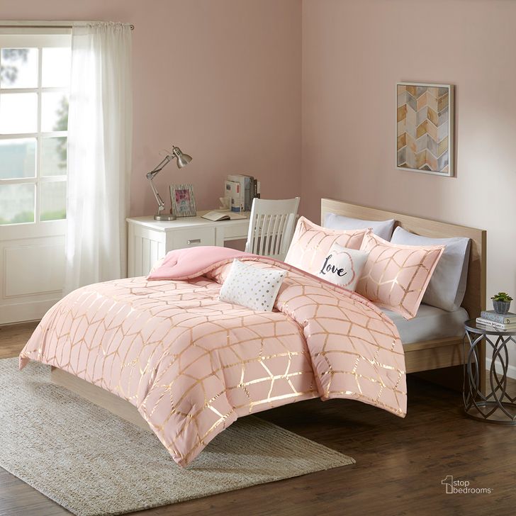 The appearance of Polyester Brushed Microfiber Printed 5Pcs Queen Comforter Set In Blush/Gold designed by Olliix in the modern / contemporary interior design. This blush/gold piece of furniture  was selected by 1StopBedrooms from Raina Collection to add a touch of cosiness and style into your home. Sku: ID10-1247. Material: Polyester. Bed Size: Queen. Product Type: Comforter Set. Image1
