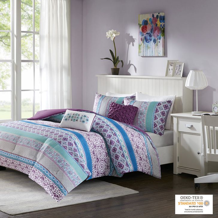 The appearance of Polyester Brushed Microfiber Printed 5Pcs Queen Comforter Set In Purple designed by Olliix in the modern / contemporary interior design. This purple piece of furniture  was selected by 1StopBedrooms from Joni Collection to add a touch of cosiness and style into your home. Sku: ID10-1099. Material: Polyester. Bed Size: Queen. Product Type: Comforter Set. Image1