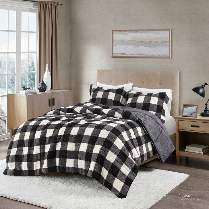 The appearance of Polyester Buffalo Check Print Sherpa King Comforter Set In Ivory/Black designed by Olliix in the cabin / lodge interior design. This ivory/black piece of furniture  was selected by 1StopBedrooms from Brooks Collection to add a touch of cosiness and style into your home. Sku: TN10-0436. Material: Polyester. Bed Size: King. Product Type: Comforter Set. Image1