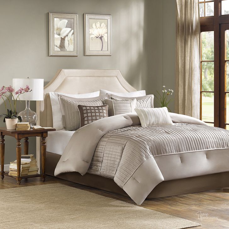 The appearance of Polyester Charmeuse 7Pcs King Comforter Set In Taupe designed by Olliix in the modern / contemporary interior design. This taupe piece of furniture  was selected by 1StopBedrooms from Trinity Collection to add a touch of cosiness and style into your home. Sku: MP10-932. Material: Polyester. Bed Size: King. Product Type: Comforter Set. Image1