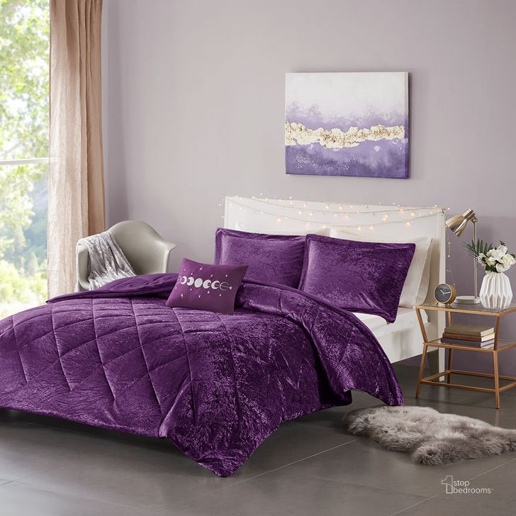 The appearance of Polyester Crushed Velvet Twin Comforter Set In Purple designed by Olliix in the transitional interior design. This purple piece of furniture  was selected by 1StopBedrooms from Felicia Collection to add a touch of cosiness and style into your home. Sku: ID10-1901. Material: Polyester. Bed Size: Twin. Product Type: Comforter Set. Image1