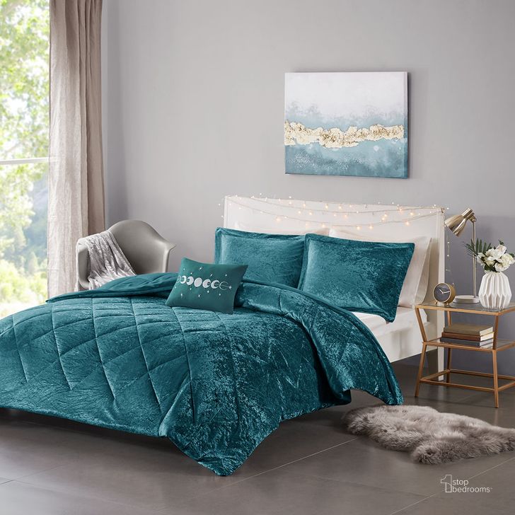 The appearance of Polyester Crushed Velvet Twin Comforter Set In Teal designed by Olliix in the transitional interior design. This teal piece of furniture  was selected by 1StopBedrooms from Felicia Collection to add a touch of cosiness and style into your home. Sku: ID10-1905. Material: Polyester. Bed Size: Twin. Product Type: Comforter Set. Image1