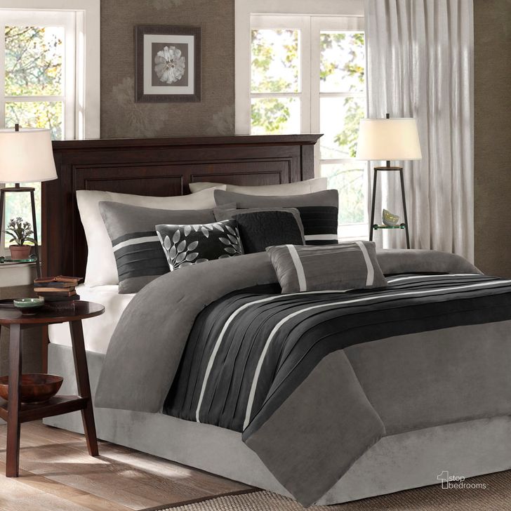 The appearance of Polyester Faux Suede Pieced And Pintuck 7Pcs Full Comforter Set In Black designed by Olliix in the transitional interior design. This black piece of furniture  was selected by 1StopBedrooms from Palmer Collection to add a touch of cosiness and style into your home. Sku: MP10-2585. Material: Polyester. Bed Size: Full. Product Type: Comforter Set. Image1