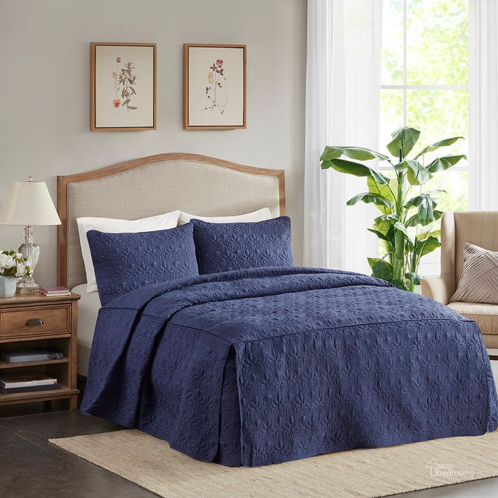 The appearance of Polyester Fitted Queen Bedspread In Navy designed by Olliix in the traditional interior design. This navy piece of furniture  was selected by 1StopBedrooms from Quebec Collection to add a touch of cosiness and style into your home. Sku: MP13-6480. Material: Polyester. Bed Size: Queen. Product Type: Comforter Set. Image1