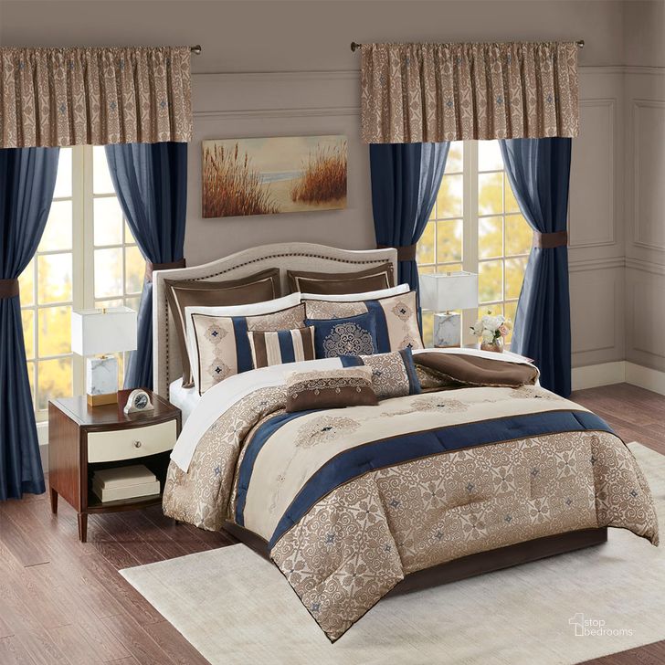 The appearance of Polyester Jacquard 24Pcs Queen Comforter Set In Navy designed by Olliix in the traditional interior design. This navy piece of furniture  was selected by 1StopBedrooms from Delaney Collection to add a touch of cosiness and style into your home. Sku: MPE10-812. Material: Polyester. Bed Size: Queen. Product Type: Comforter Set. Image1