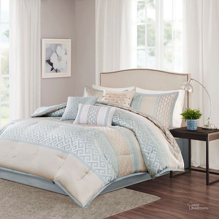 The appearance of Polyester Jacquard 7Pcs Queen Comforter Set In Aqua designed by Olliix in the traditional interior design. This aqua piece of furniture  was selected by 1StopBedrooms from Bennett Collection to add a touch of cosiness and style into your home. Sku: MP10-2415. Material: Polyester. Bed Size: Queen. Product Type: Comforter Set. Image1