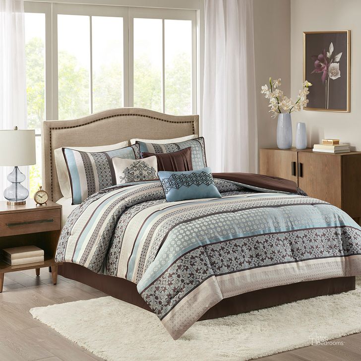 The appearance of Polyester Jacquard 7Pcs Queen Comforter Set In Blue designed by Olliix in the traditional interior design. This blue piece of furniture  was selected by 1StopBedrooms from Princeton Collection to add a touch of cosiness and style into your home. Sku: MP10-694. Material: Polyester. Bed Size: Queen. Product Type: Comforter Set. Image1
