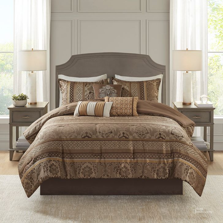 The appearance of Polyester Jacquard 7Pcs King Comforter Set In Brown/Gold designed by Olliix in the traditional interior design. This brown/gold piece of furniture  was selected by 1StopBedrooms from Bellagio Collection to add a touch of cosiness and style into your home. Sku: MP10-4534. Material: Polyester. Bed Size: King. Product Type: Comforter Set. Image1