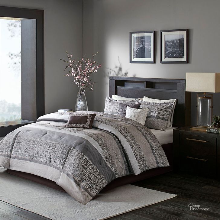 The appearance of Polyester Jacquard 7Pcs Queen Comforter Set In Grey/Taupe designed by Olliix in the transitional interior design. This grey/taupe piece of furniture  was selected by 1StopBedrooms from Rhapsody Collection to add a touch of cosiness and style into your home. Sku: MP10-3396. Material: Polyester. Bed Size: Queen. Product Type: Comforter Set. Image1